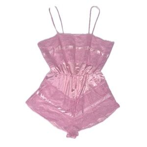 Vintage 1970’s Texsheen Lingerie Pink Nylon Lace Teddy Romper, size medium
